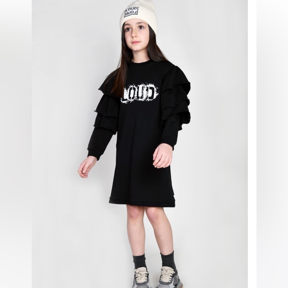 Loud Apparel Sweet Black Sweatshirt Dress Loose Fit Size 12 Ruffle Long Sleeve - Picture 2 of 12